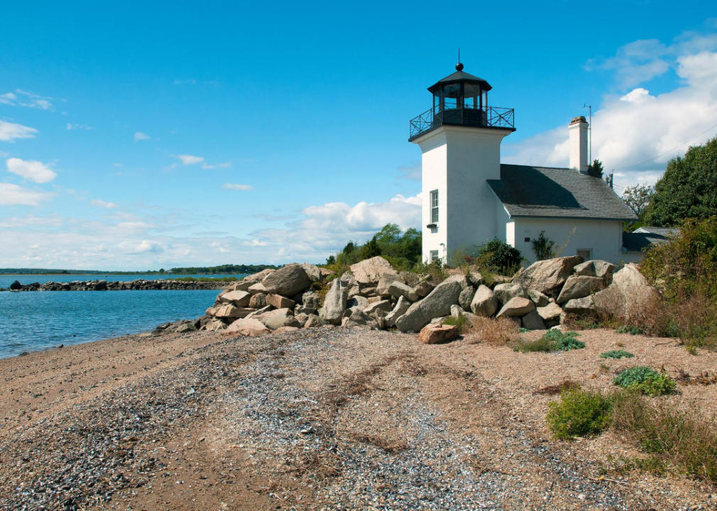 Bristol Ferry Lighthouse on a clear day.