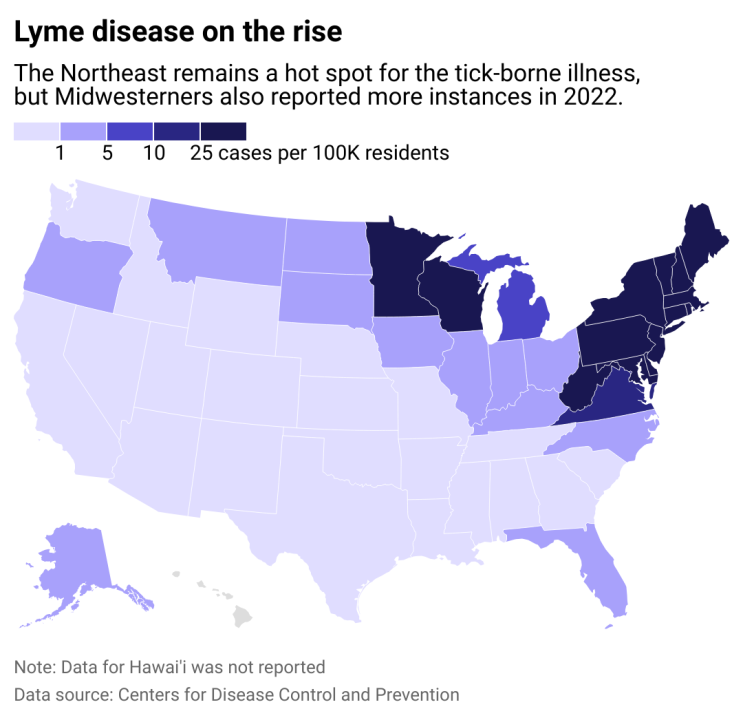 A map chart showing states with the highest rates of Lyme disease in 2022.