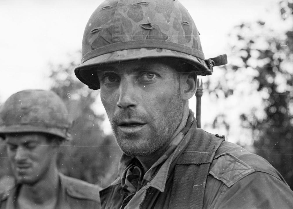 A close up of two American soldiers in Vietnam during the Vietnam War.