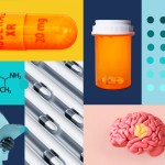 Photo collage with Adderall capsules, empty prescription bottle, doctor writing on clipboard, and brain.