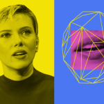Scarlett Johansson speaking alongside conceptual AI graphic.