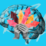 Collage with hands holding arrows in many directions with brain illustration on blue background.