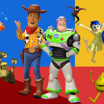 Photo collage with characters from animated blockbusters on colorful background.