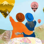 Collage illustration showing two people pointing at map pins floating in the sky.