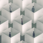 Conceptual illustration depicting lonely people in cubes.