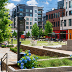 Open spaces and apartment complexes in the New Fenton Mixed Use Development.