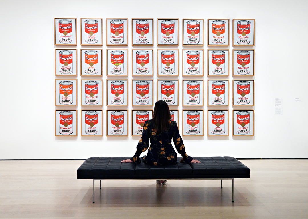 Person at MOMA sitting bench in front of Andy Warhol's 'Campbell's Soup Cans’.