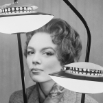 Woman poses behind flying saucer lamp.