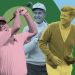 Collage illustration with Donald Trump, George H.W. Bush, and John F. Kennedy playing golf.