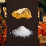 Photo illustration with images of salt and gold and a Petrus Christ’s painting “A Goldsmith in His Shop”.