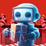 A robot holding a holiday package with more in the background.