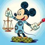 Mickey Mouse wearing a copyright suit and cap holding a paintbrush in one hand and the scales of justice in another.