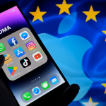 EU Flag and Apple logo with smartphone home screen.