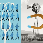 A split screen digital illustration; the left side has a white silhouette of a stethoscope in the background with an overlay of rows of doctors walking toward the right-hand photo, which shows a hand holding a horseshoe magnet toward the doctors, with a rural windmill in background.