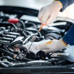 A mechanic checking a car engine.