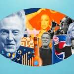 Photo illustration with Christopher Walken, Cardi B,  Arnold Schwarzenegger, Bono, Jennifer Aniston, and Ben Affleck collaged over a football on an LED screen.