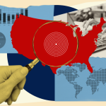 Collage illustration with magnifying glass over US map and world map.