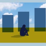 Silhouette of a person sitting in front of abstract bar chart and sky.