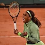 Serena Williams celebrates a win at the 2021 French Open.