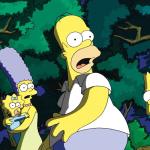 Lisa, Maggie, Marge, Homer, and Bart scared in the woods in "The Simpsons"