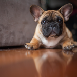 French bulldog puppy on dark wood floor.