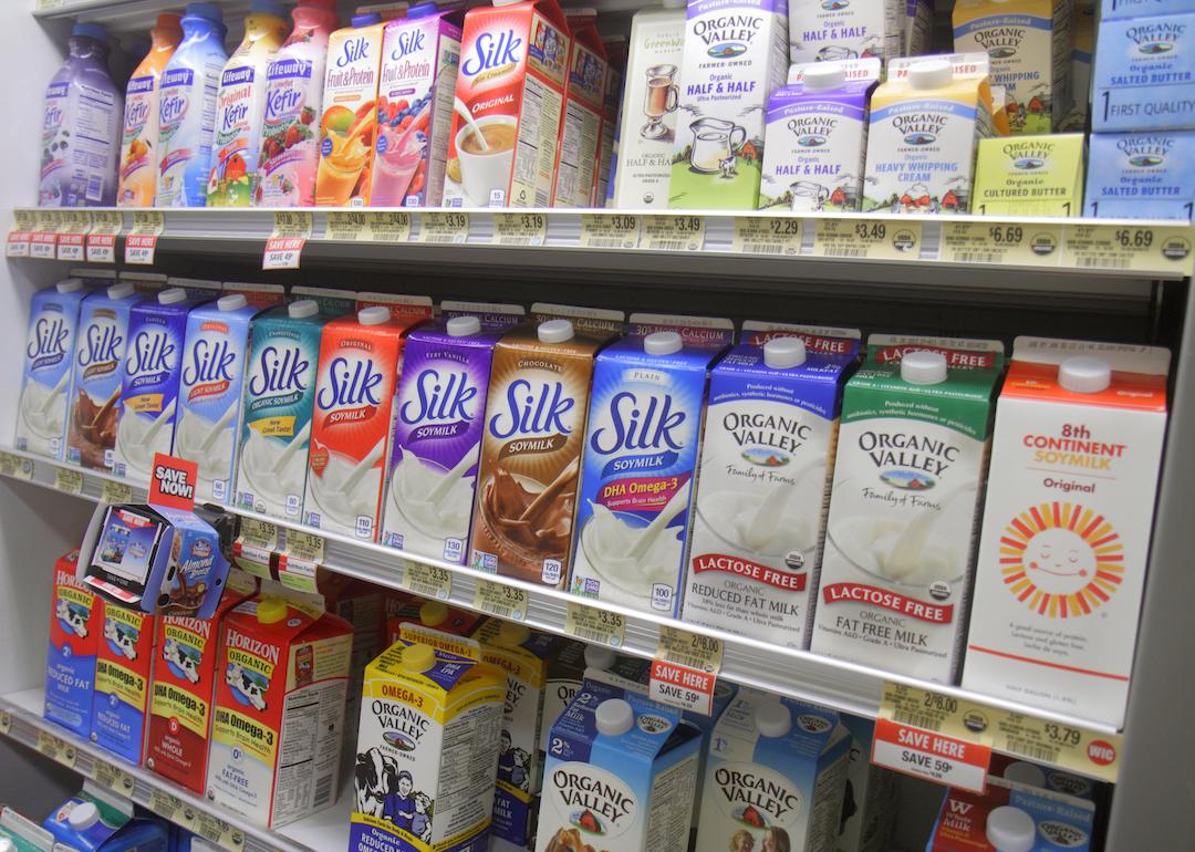 Shelves of lactose free milk for sale inside a Publix grocery store.