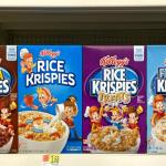 : Grocery store shelf with boxes of Kellogg's brand Rice Krispies in various flavors