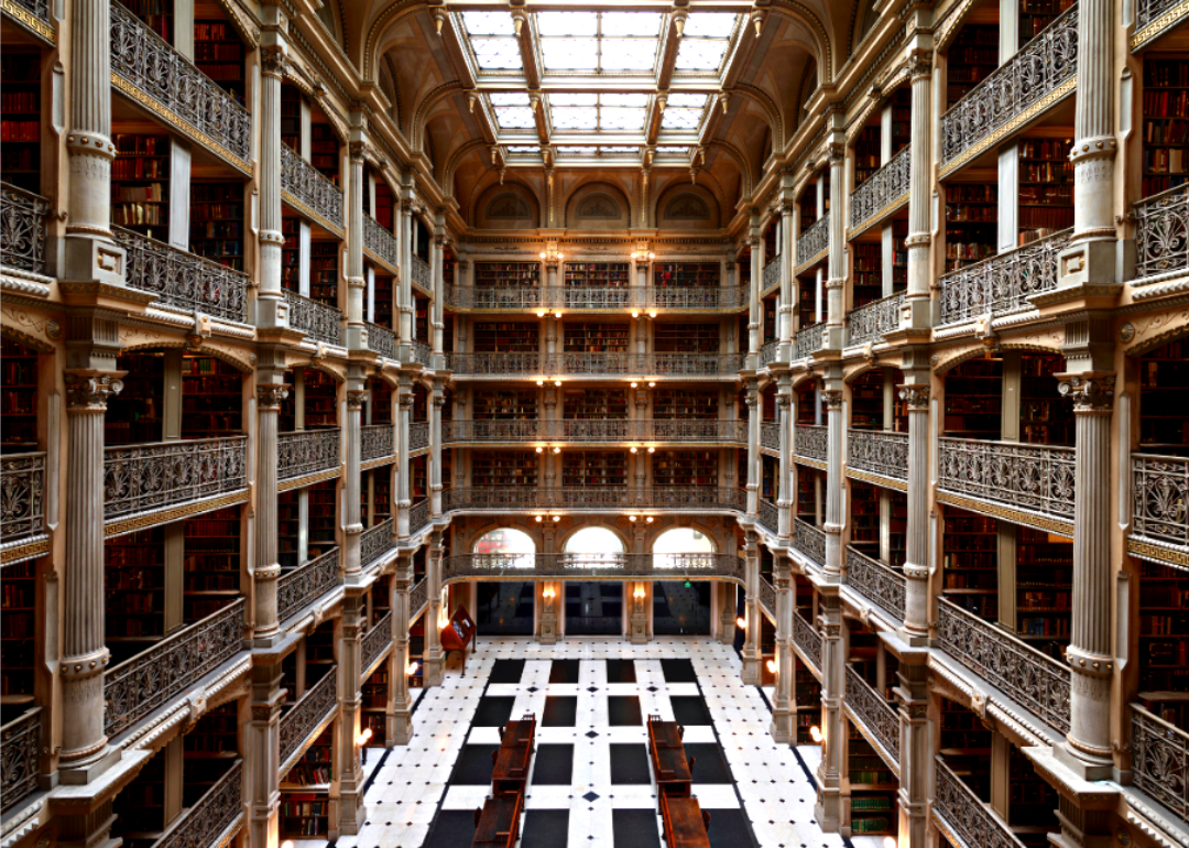 Six story interior courtyard inside Peabody Library
