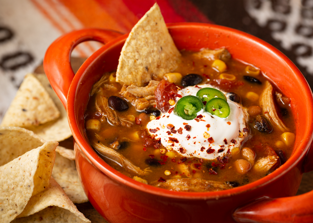 Bowl of chicken taco soup with sour cream