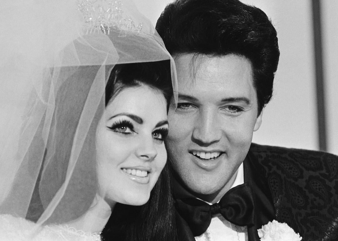  Singer Elvis Presley and his bride Priscilla Ann Beaulieu, pose for photograph following their wedding at the Aladdin Hotel in 1967.