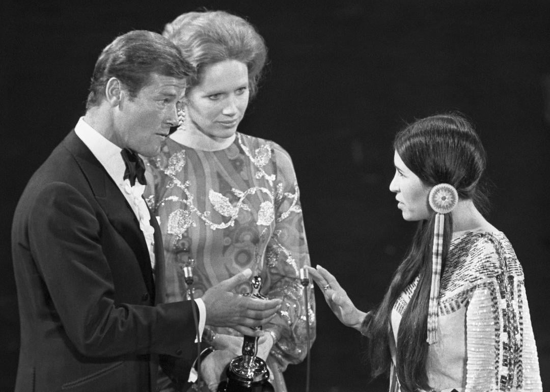 At the 1973 Academy Awards, Sacheen Littlefeather refuses the Academy Award for Best Actor on behalf of Marlon Brando who won for his role in "The Godfather." She carries a letter from Brando in which he explains he refused the award in protest of American treatment of the Native Americans.