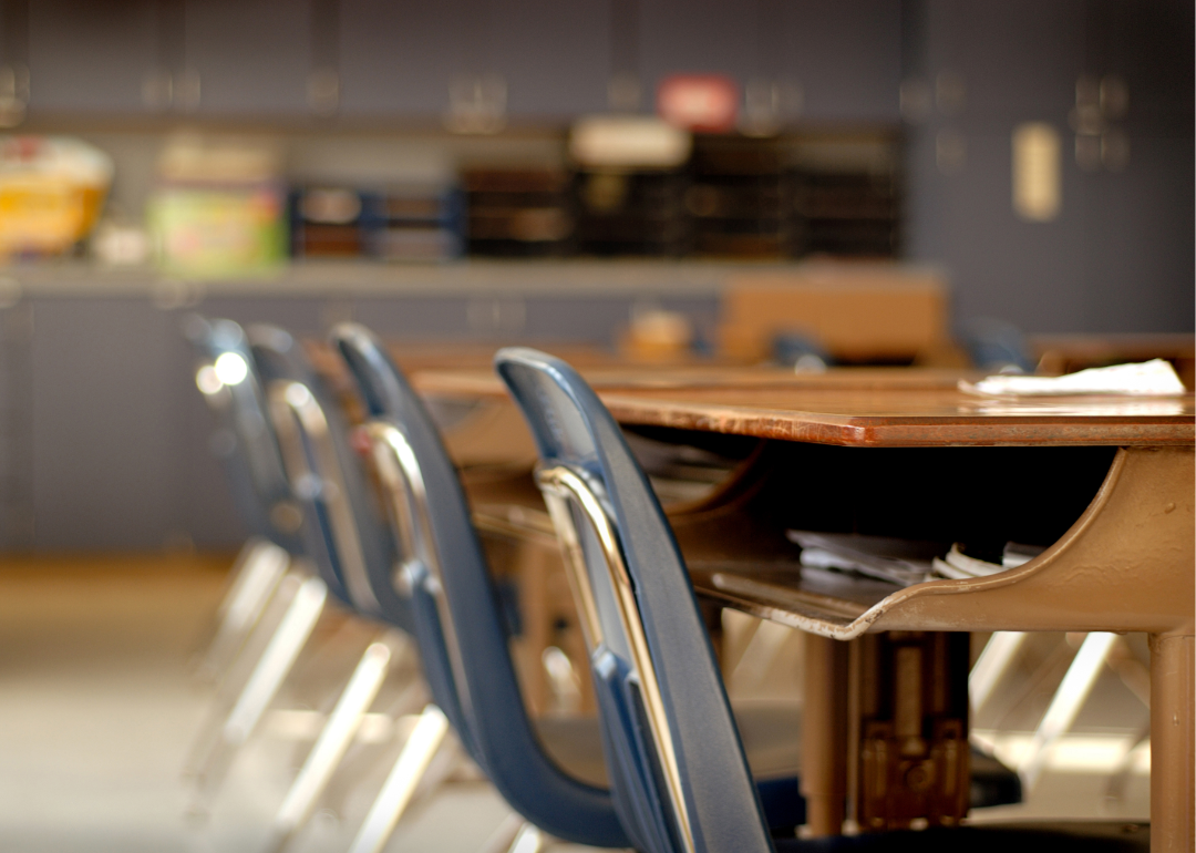 Closeup of empty chairs and desks in a classroom