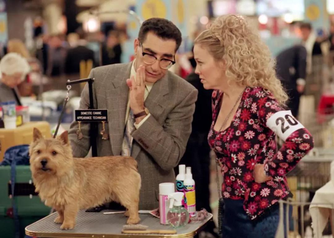 Eugene Levy and Catherine O'Hara as Gerry and Cookie Fleck with their show dog in the cult favorite mockumentary movie 'Best in Show.'