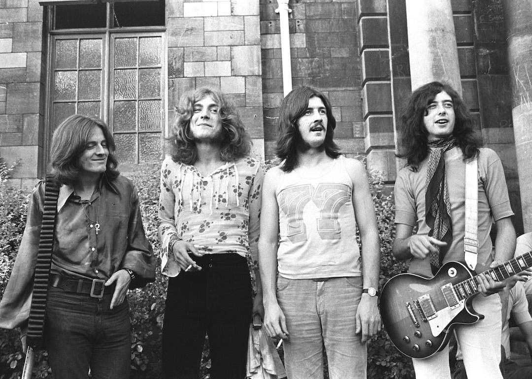 John Paul Jones, Robert Plant, John Bonham, and Jimmy Page of Led Zeppelin at the 1969 Bath Festival.