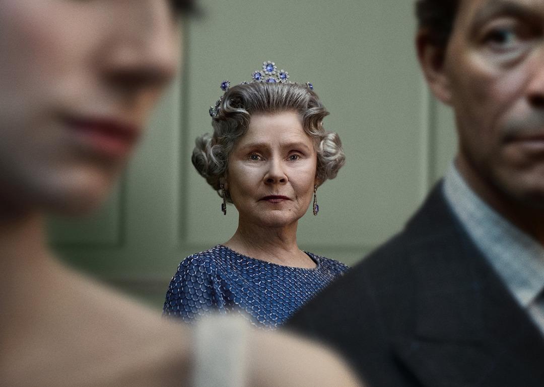 Elizabeth Debicki as Princess Diana, Imelda Staunton as Queen Elizabeth, and Dominic West as Prince Charles in the key art for season 5 of "The Crown."
