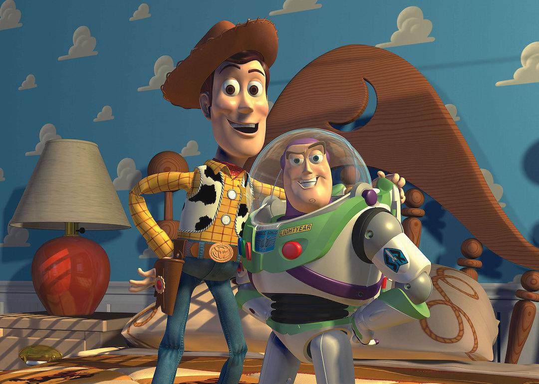 Woody (voiced by Tom Hanks) and Buzz Lightyear (voiced by Tim Allen) in "Toy Story"