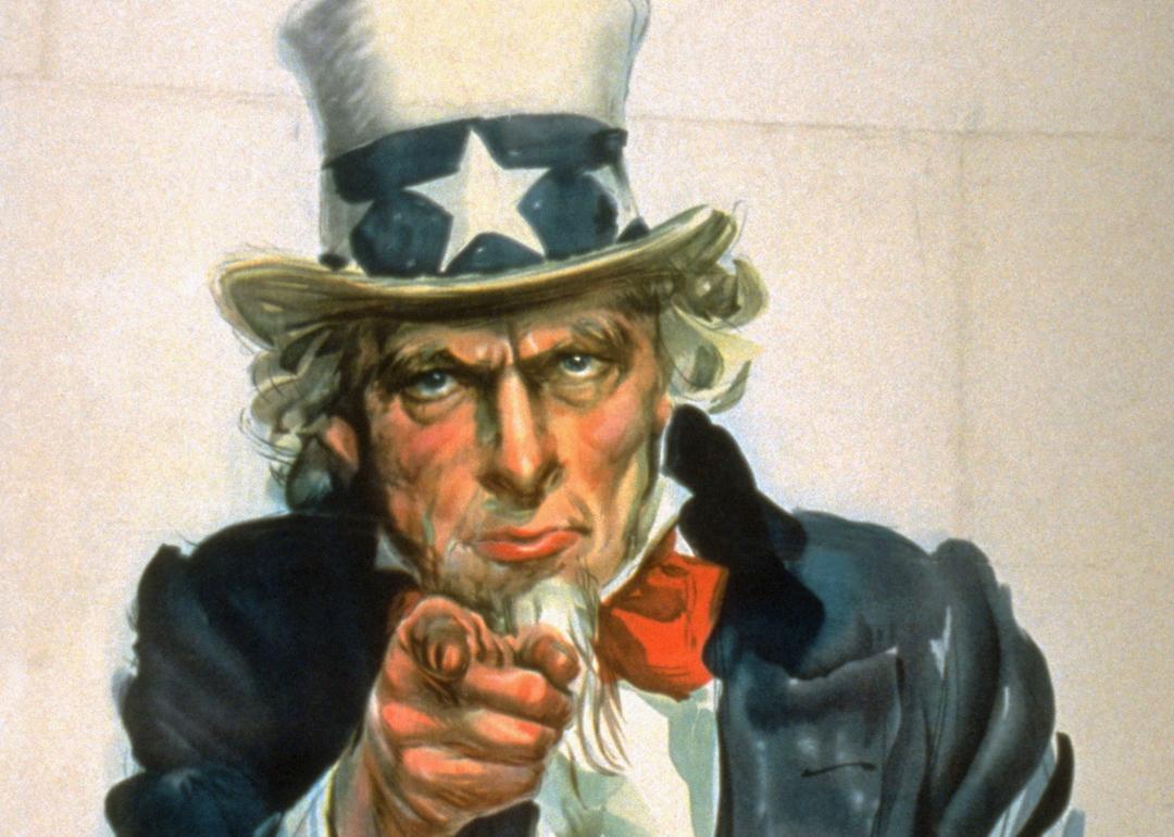 A World War II recruiting poster, featuring Uncle Sam and the words "I Want You," designed by James Montgomery Flagg.