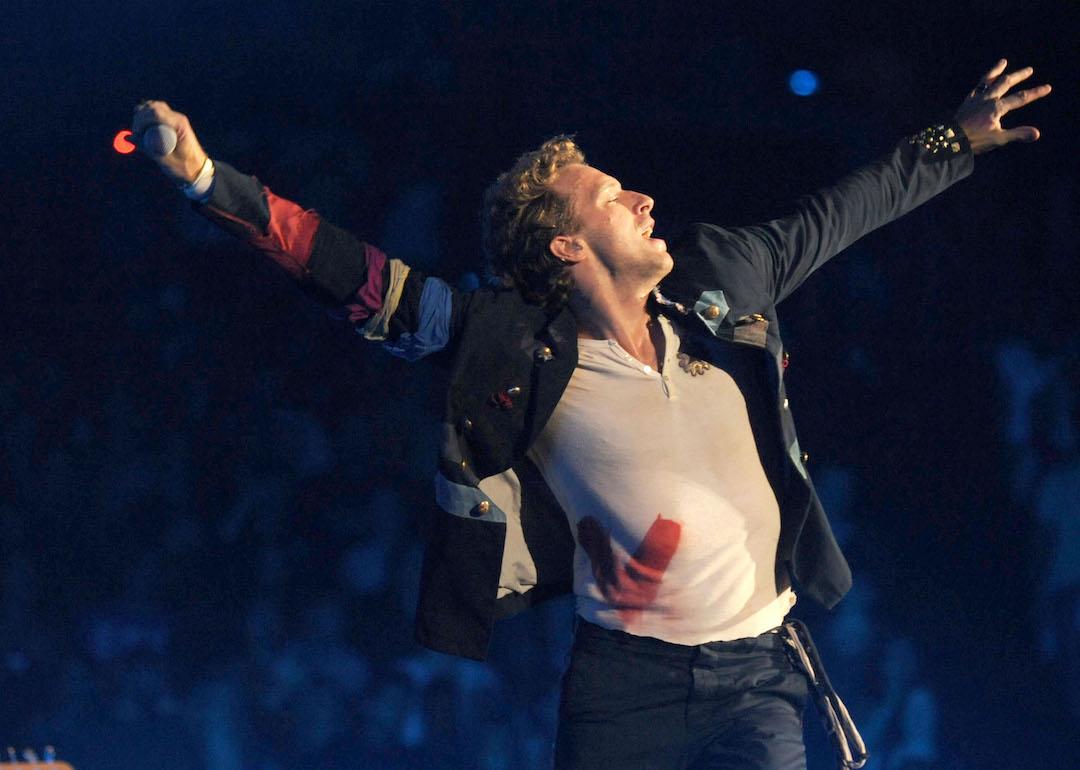 Chris Martin of Coldplay performs during the 'Viva La Vida' tour.