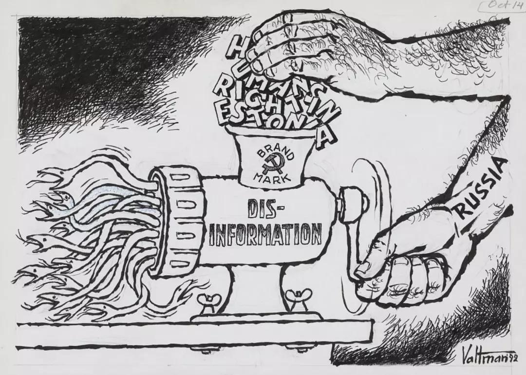 "Disinformation" political cartoon suggests that Russia is feeding Estonia's human rights into a grinder with snakes coming out of the other side. The grinder itself.