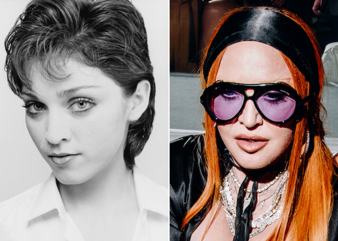 Headshot of Madonna with short dark hair in 1979; Madonna with long orange hair at the Tom Ford Spring 2023 fashion show.