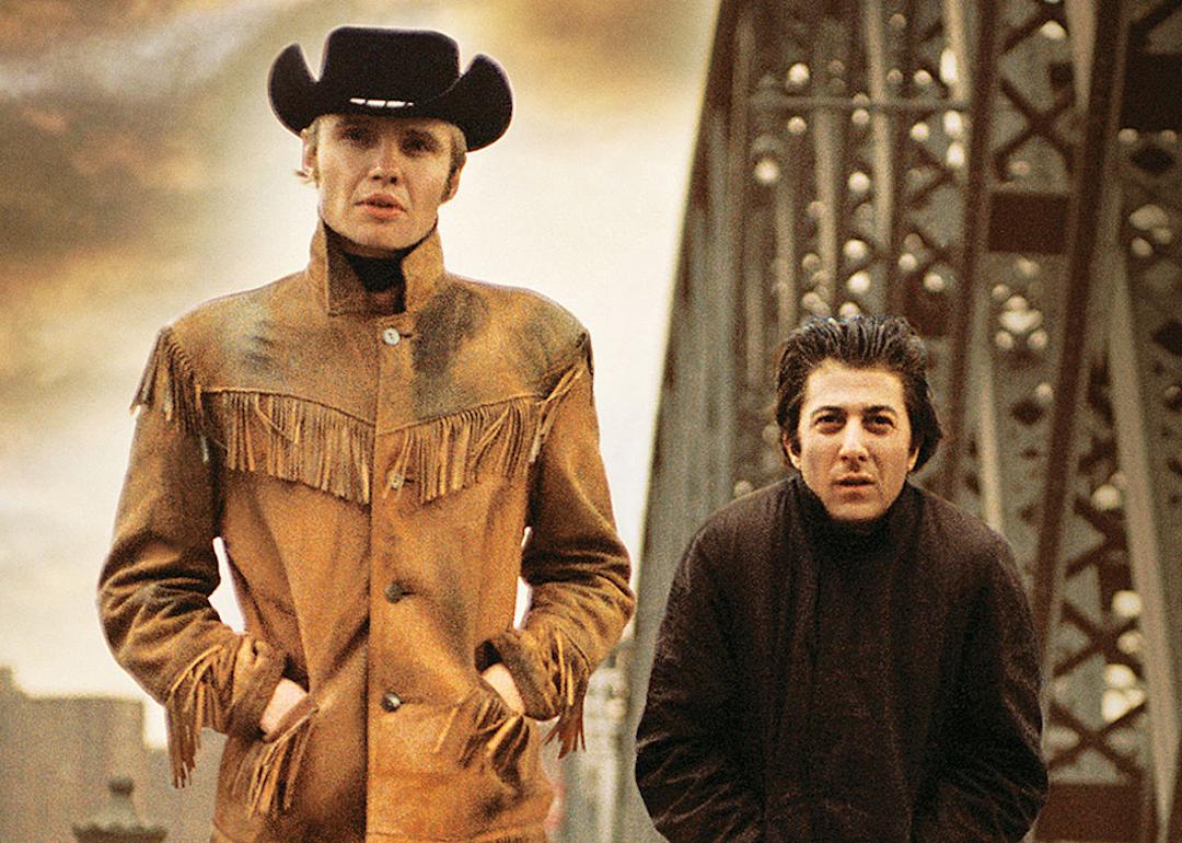 Jon Voight and Dustin Hoffman walk down the street in 'Midnight Cowboy.'