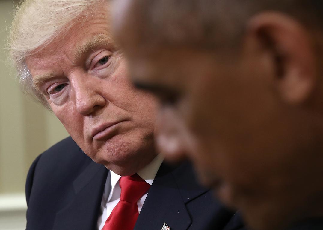 Barack Obama meets with Donald Trump following a meeting in the Oval Office on Nov. 10, 2016 in Washington, D.C.