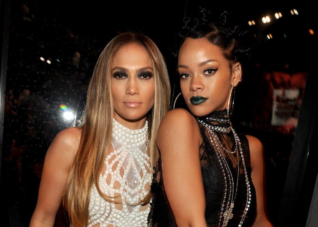 Jennifer Lopez and Rihanna backstage at the iHeartRadio Music Awards.