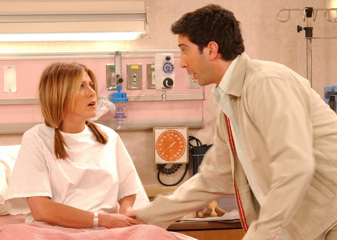 Ross (David Schwimmer) and Rachel (Jennifer Aniston) in the hospital before their child is born on the hit TV show 'Friends.'