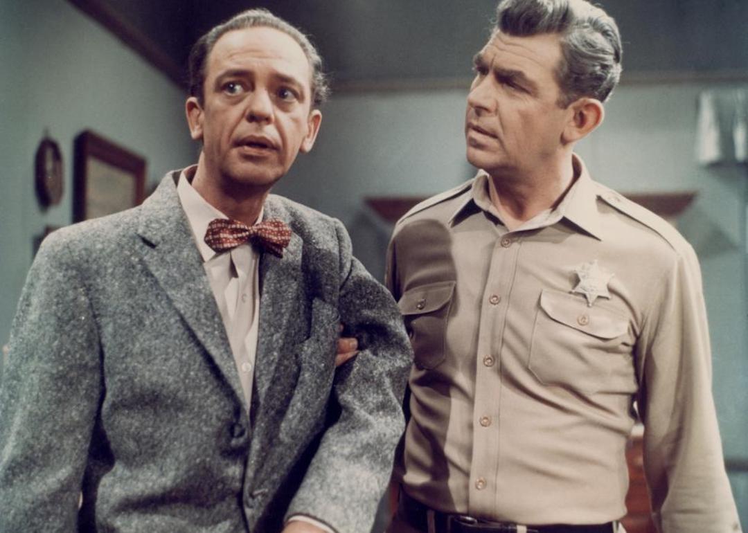 Don Knotts as Deputy Barney Fife and Andy Griffith (right) as Sheriff Andy Taylor in 'The Andy Griffith Show,' circa 1965.