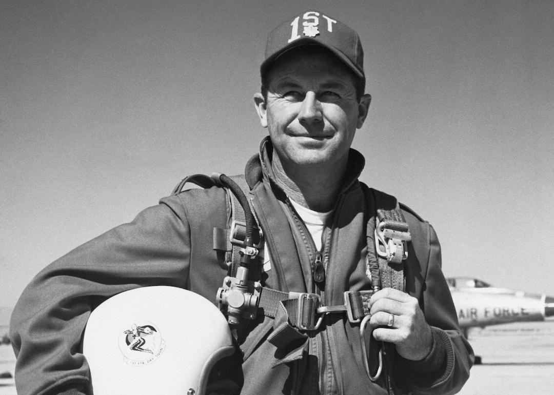 Lt. Col. Charles Yeager, first man on earth to fly faster than sound, led members of his first Tactical Fighter Squadron from George AFB, CA, non-stop across the Atlantic in 1958.