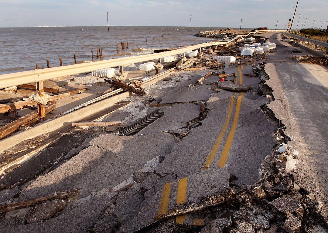 A road is collapsed following Hurricane Ike Sept. 15, 2008 in Galveston, Texas.