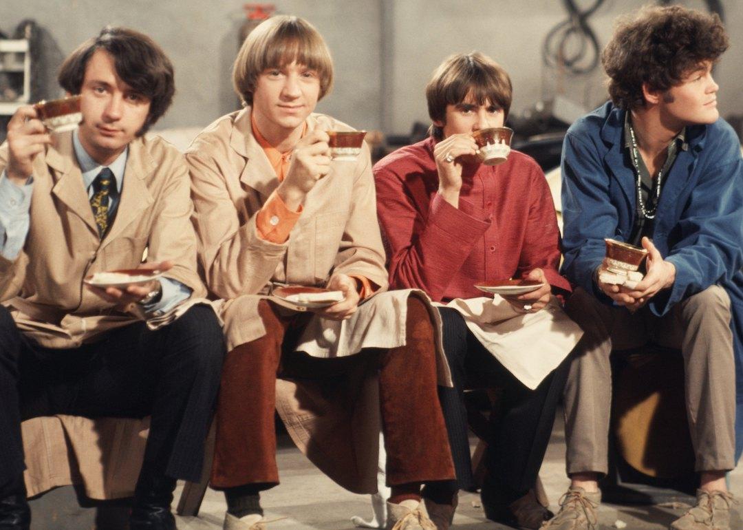 Davy Jones, Mickey Dolenz, Peter Tork, and Mike Nesmith on the set of the television show 'The Monkees' in Dec. 1967 in Los Angeles, California. 