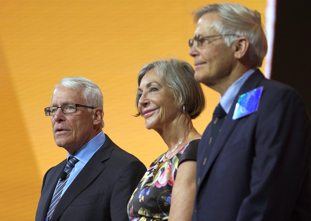 Members of the Walton family—from left to right: Rob, Alice and Jim—speak during the annual Walmart shareholders meeting event on June 1, 2018 in Fayetteville, Arkansas.