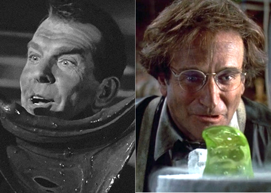 Actor Fred MacMurray as Prof. Ned Brainard in the 1961 movie 'The Absent-Minded Professor'; actor Robin Williams as Robin Williams as Prof. Philip Brainard in the 1997 movie 'Flubber.'